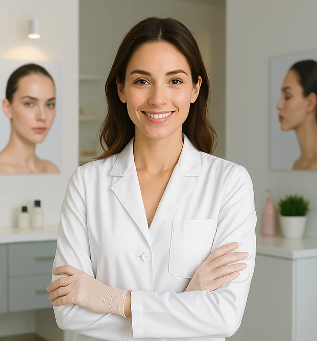 A woman in a white lab coat smiling.