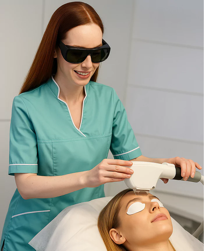 A woman in a green scrub suit is treating client's face with a machine.