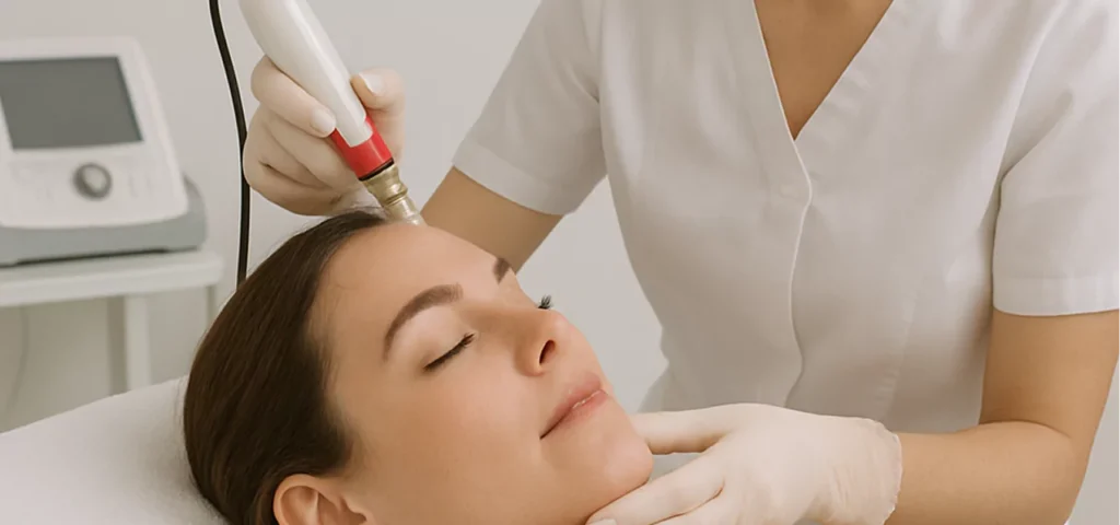 A woman receiving a skin laser treatment using a specialized machine in a serene spa environment.