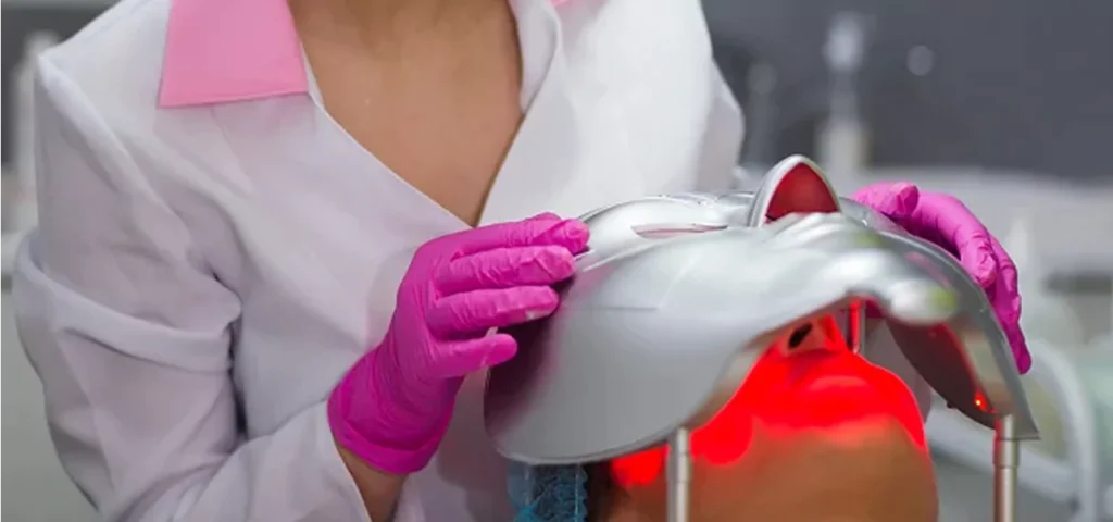 A woman receiving a skin laser treatment using a specialized machine in a serene spa environment.