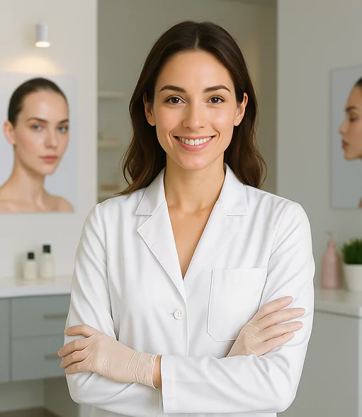 A woman in a white lab coat smiling.